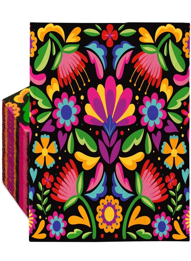 JarThenaAMCS مناديل ورقية مزينة بنقوش زهور مكسيكية من JarThenaAMCS، 50 قطعة، مناديل ملونة للاستخدام مرة واحدة بنقوش زهور، مناسبة للهالوين، مناديل سوداء للغداء والعشاء، مثالية لحفلات الأعياد والمناسبات. - Image 1